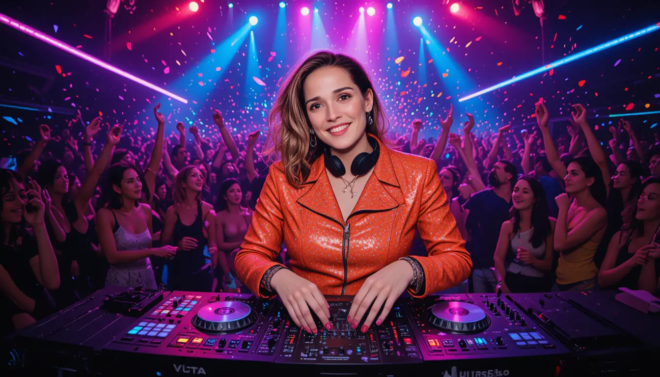 Ein konzentrierter DJ bringt die Tanzfläche unter leuchtenden Clublichtern zum Beben
