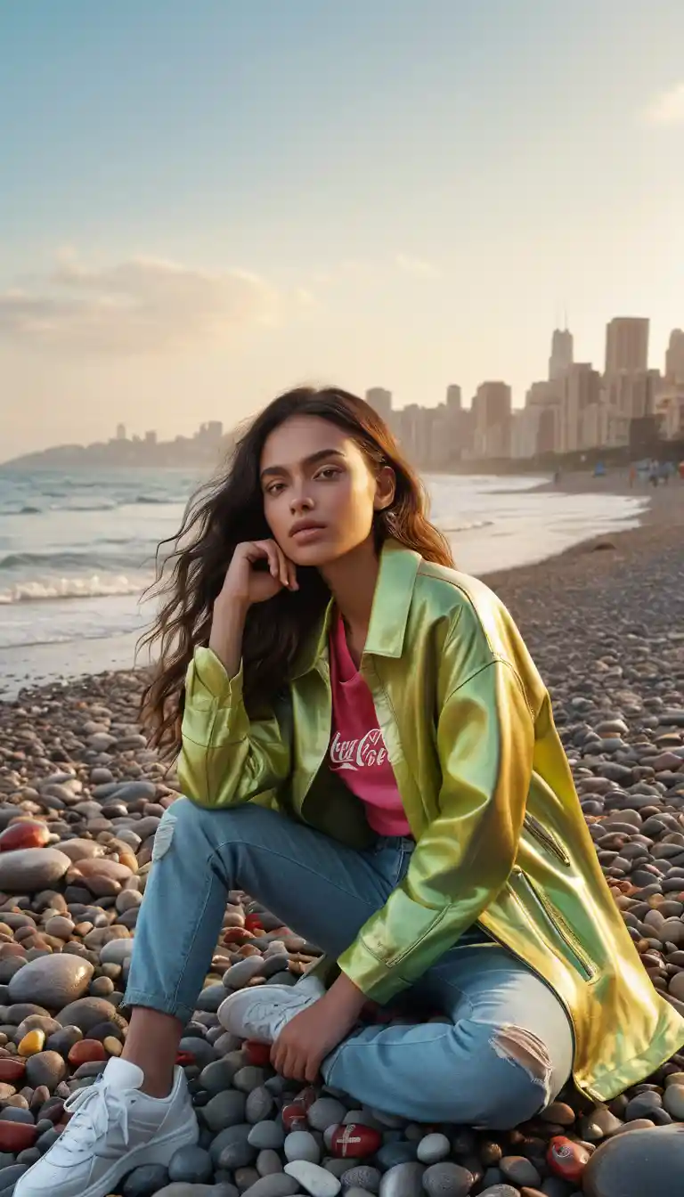 Young woman in streetwear sits beside a pebble beach at sunset