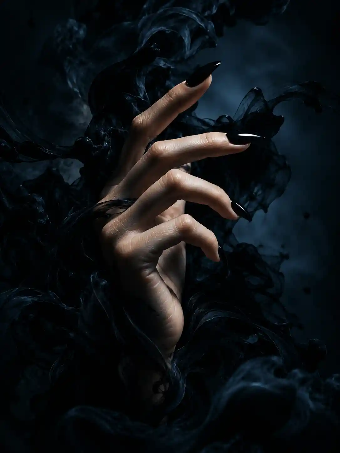 A Hand Emerges From Fluid Shadows With Glossy Black Nails