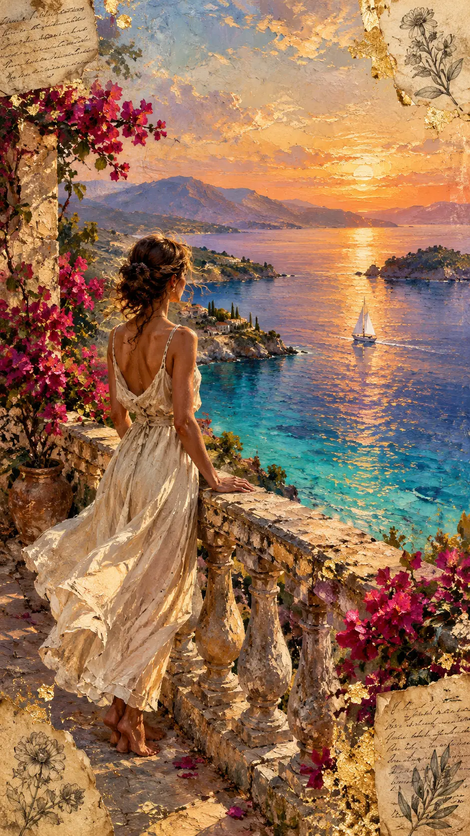 A Woman Stands Above a Mediterranean Bay as a Sailboat Passes