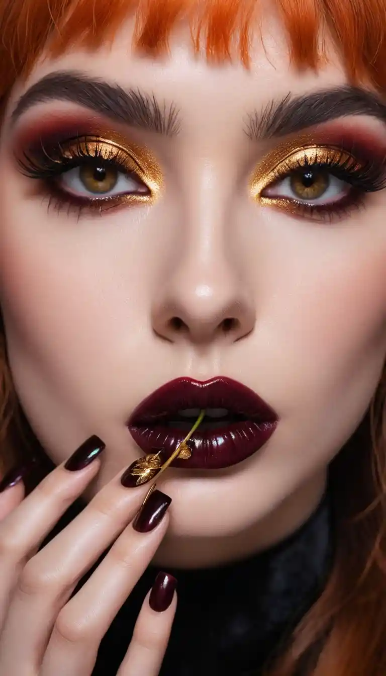 Airbrushed woman with a cherry touching her burgundy lips and gold veined nails