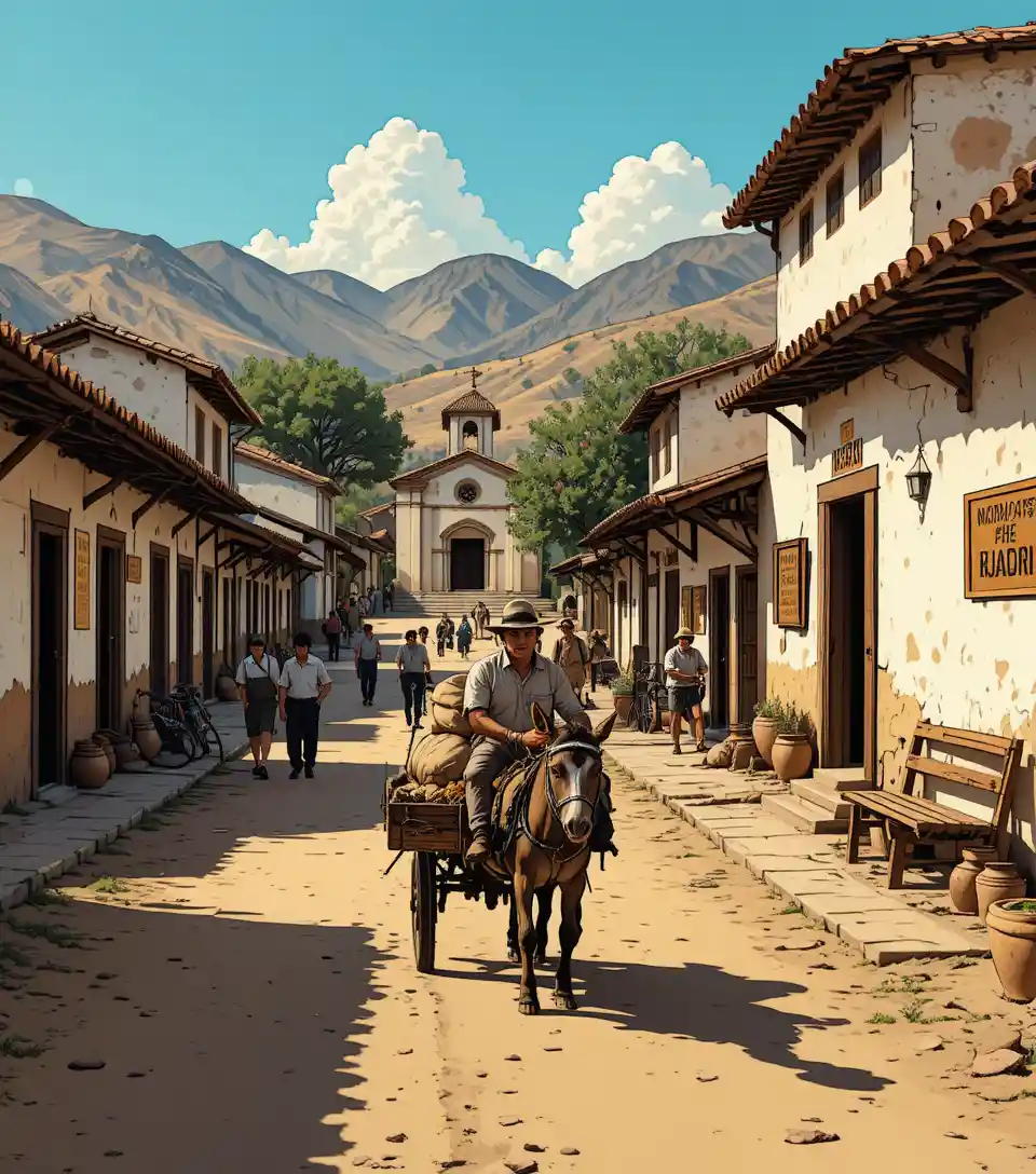 A farmer travels by donkey cart through a 1950s South American town