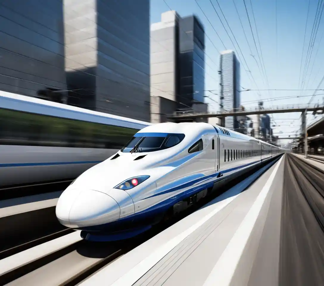 Japanese bullet train races through a modern city