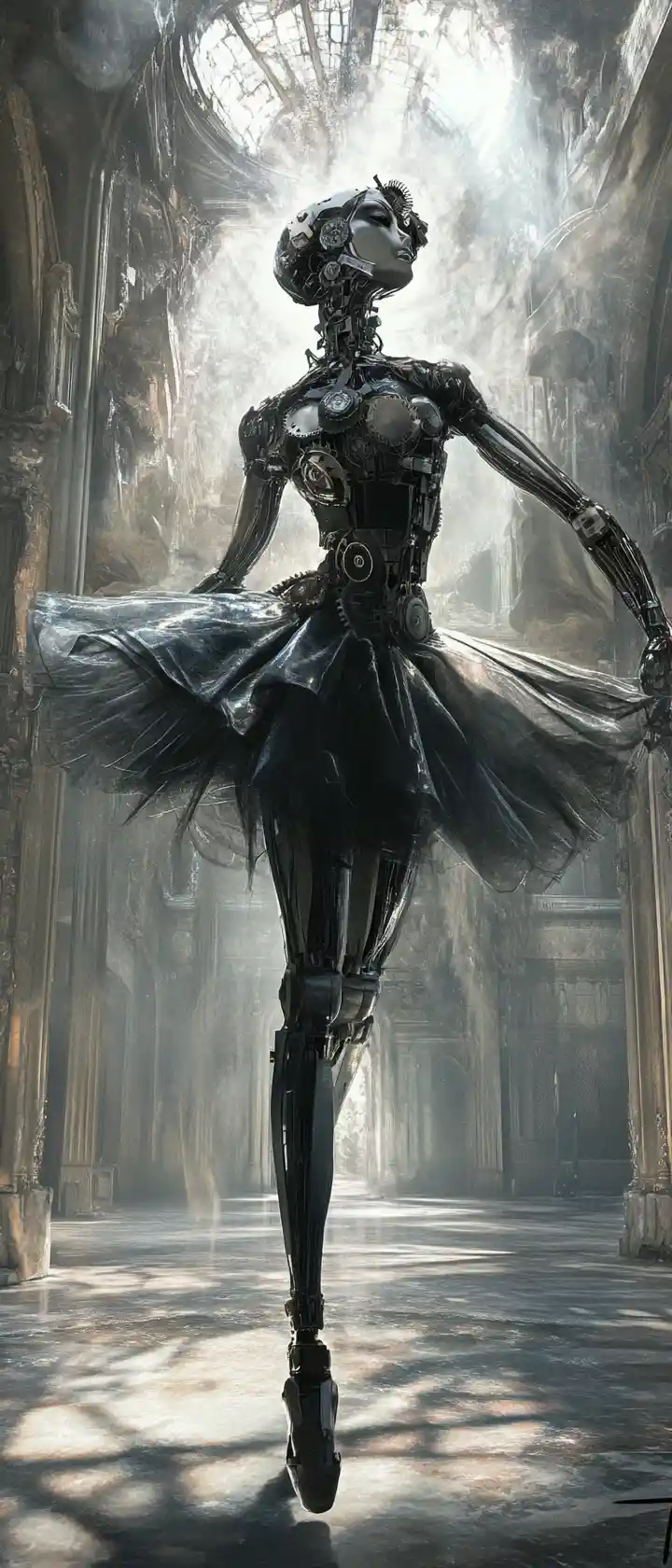 An Automaton Ballerina Pirouettes Alone in a Vast, Abandoned Ballroom