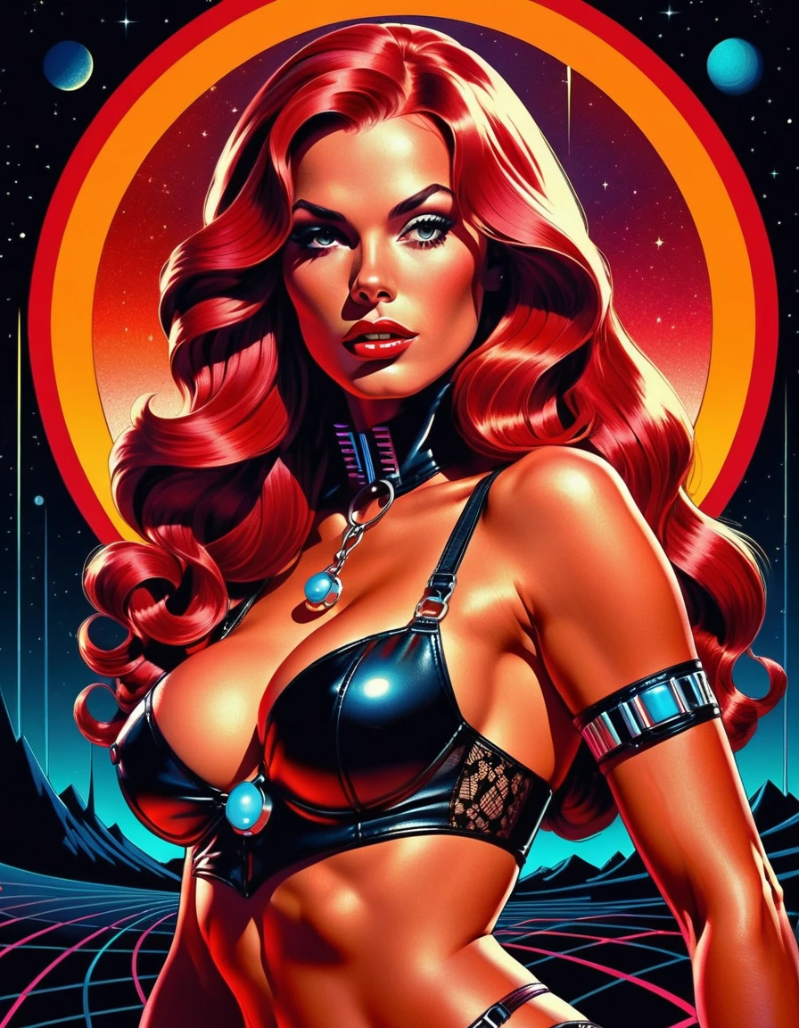 Une femme fatale rousse pose pour un portrait pin-up stylisé