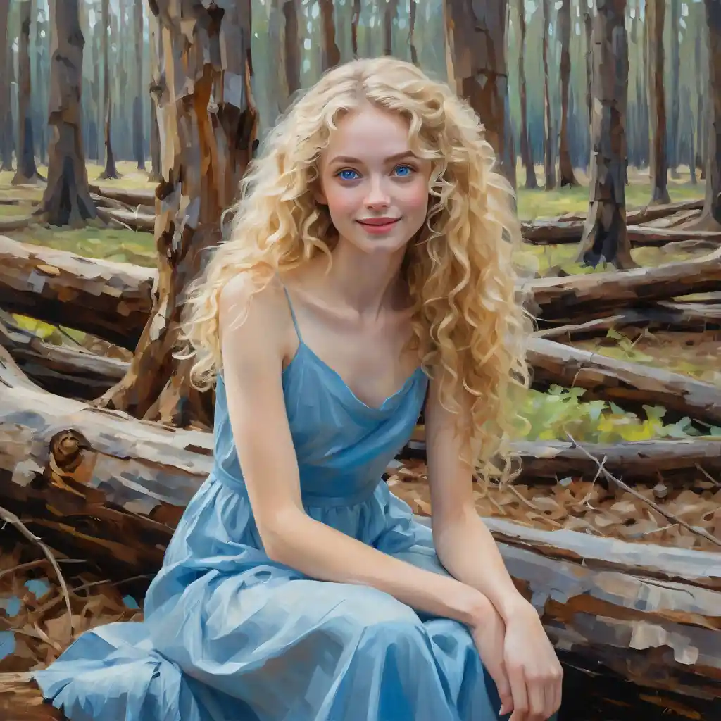 A Young Blonde Woman Smiles From A Fallen Tree In Montana Woods