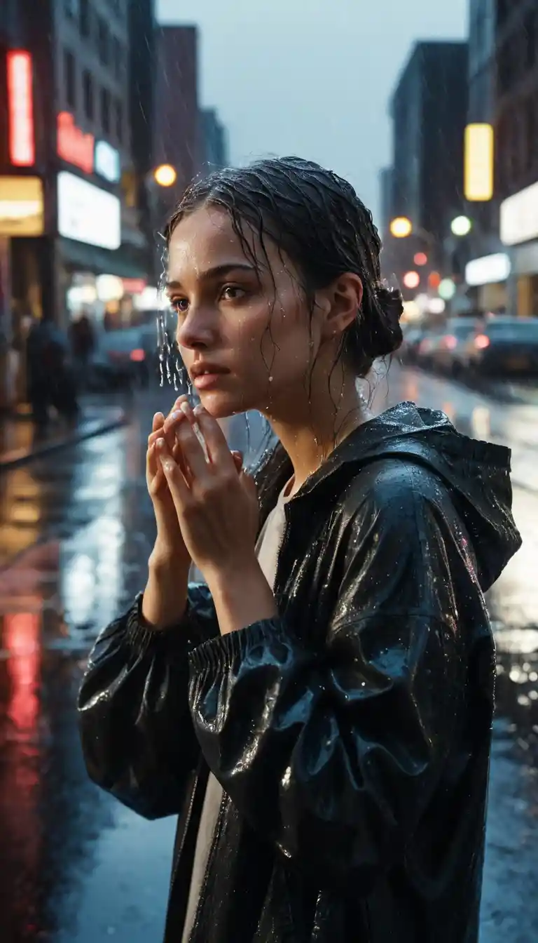 A young woman touches suspended raindrops on a rainy city street