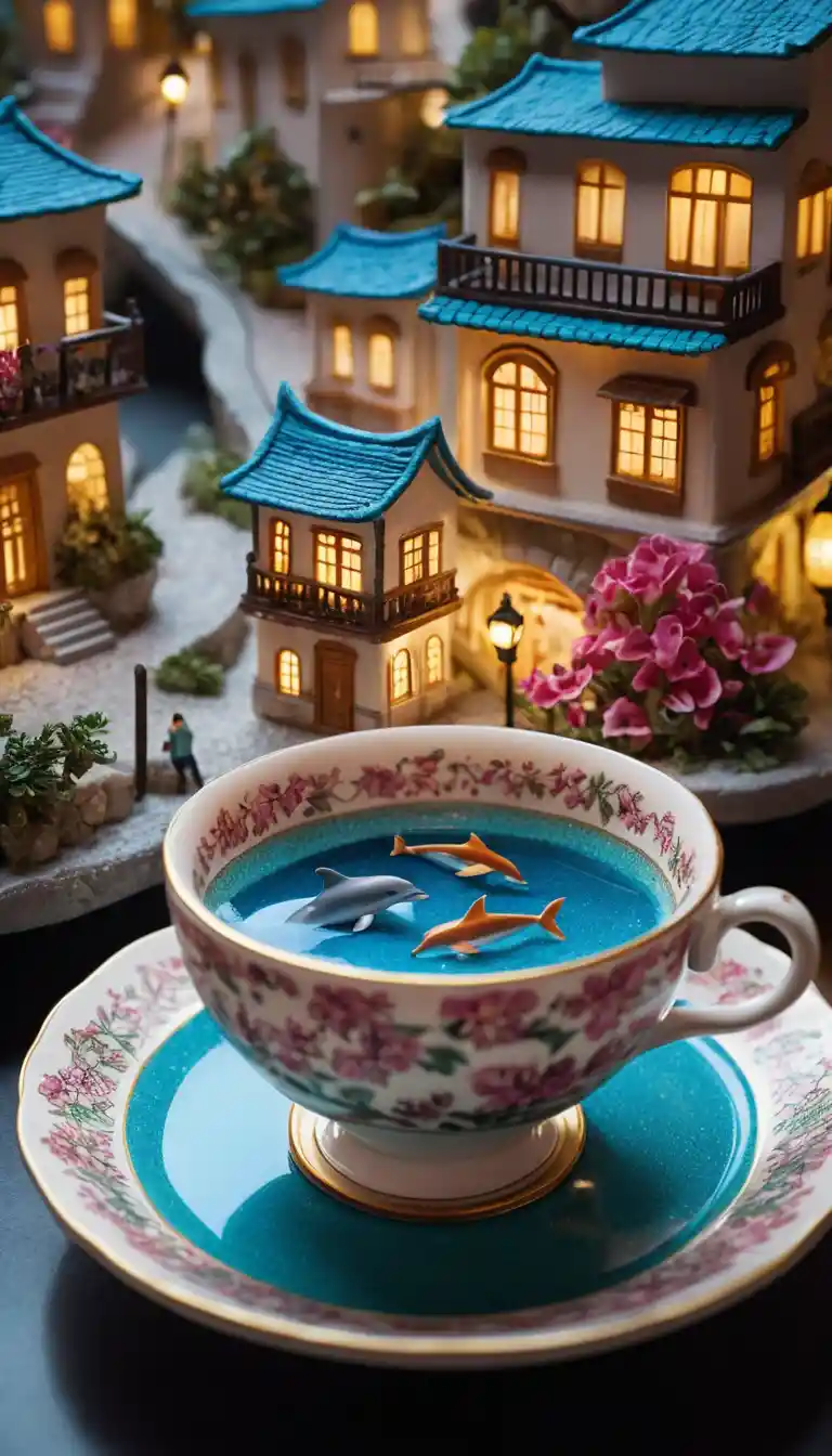 A miniature world unfolds inside a lace-patterned teacup