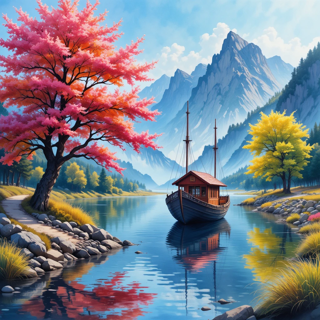 A wooden boat drifts through a misty mountain river landscape