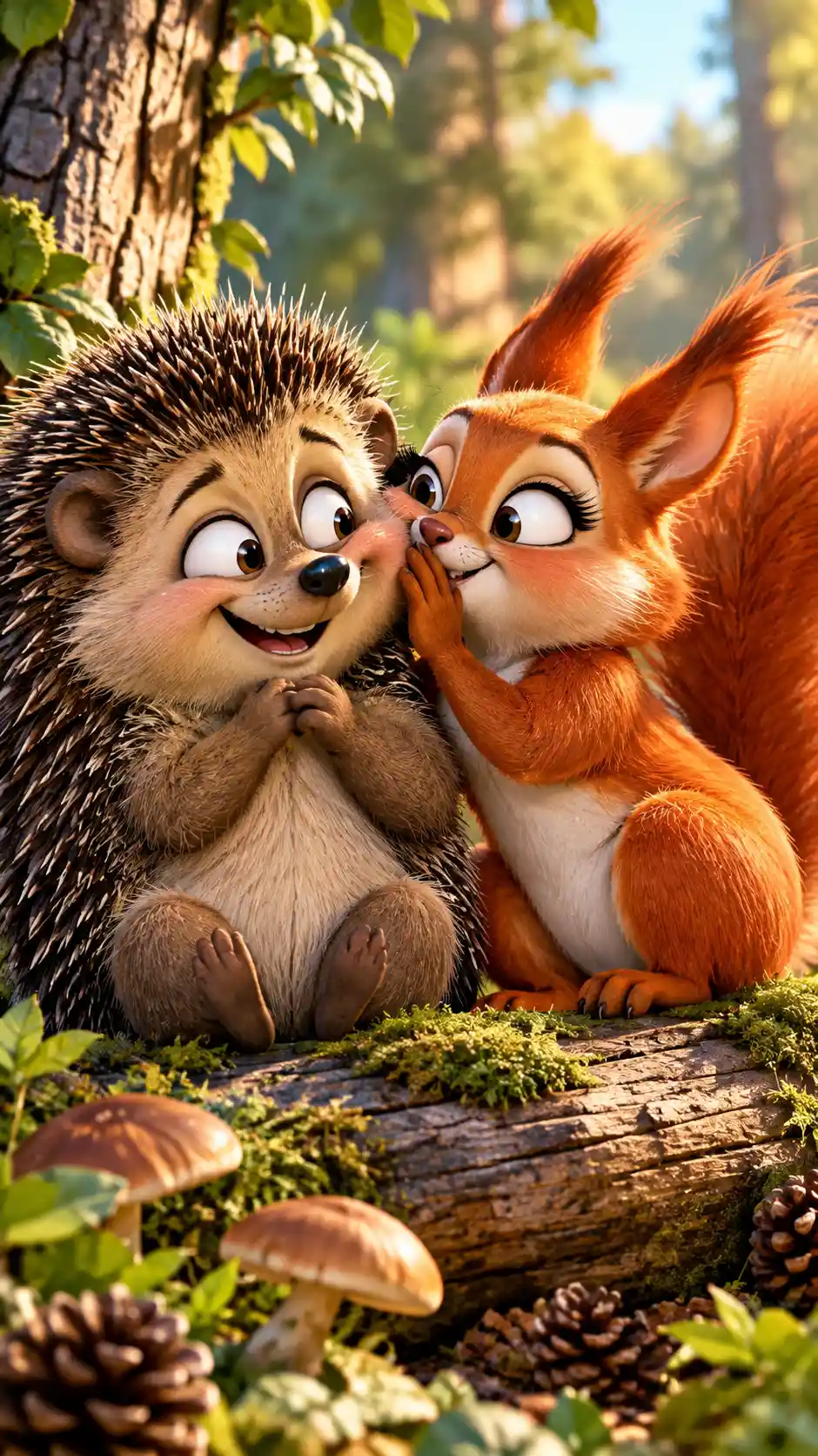 A hedgehog and squirrel share kind whispers in a quiet forest