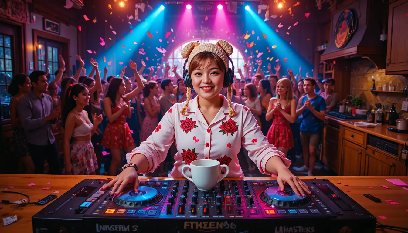 Eine konzentrierte DJ legt vor einer tanzenden Menge im Nachtclub auf