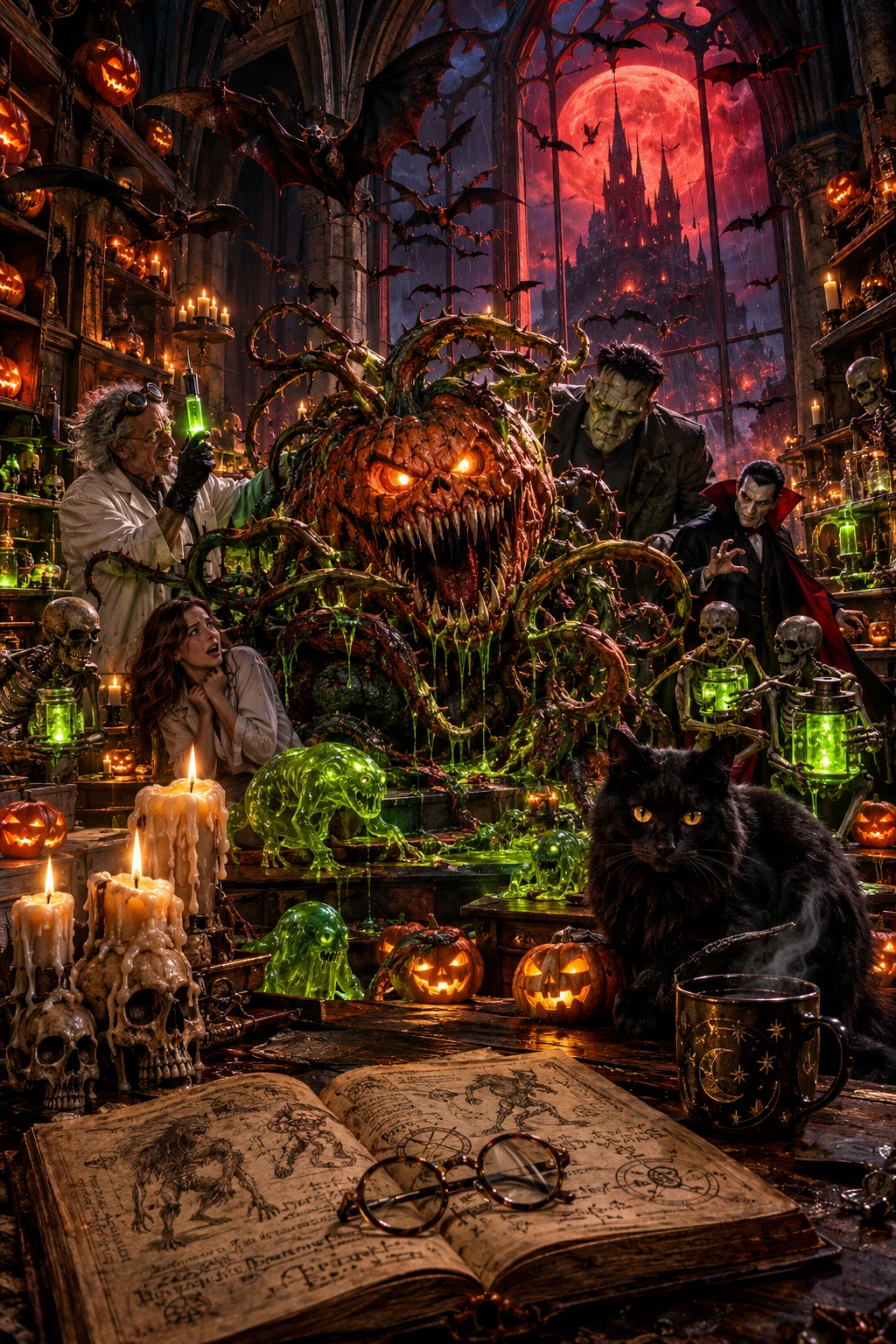 A gothic Halloween laboratory crowded with eerie Halloween figures