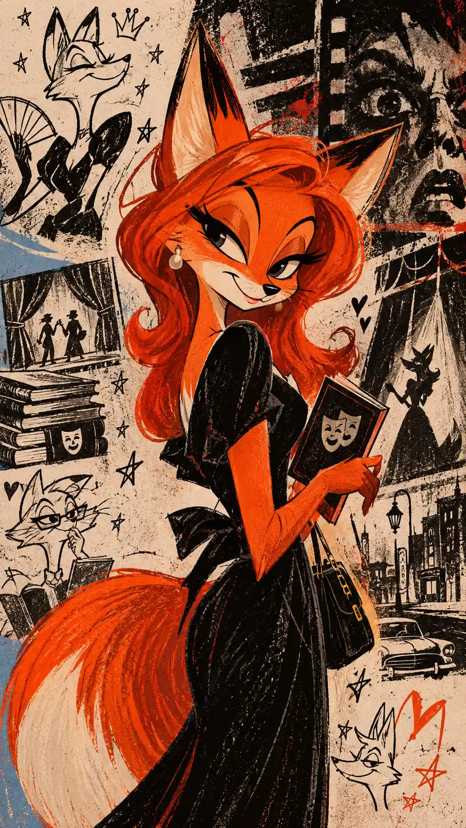 A red fox caricature with exaggerated features and doodle art