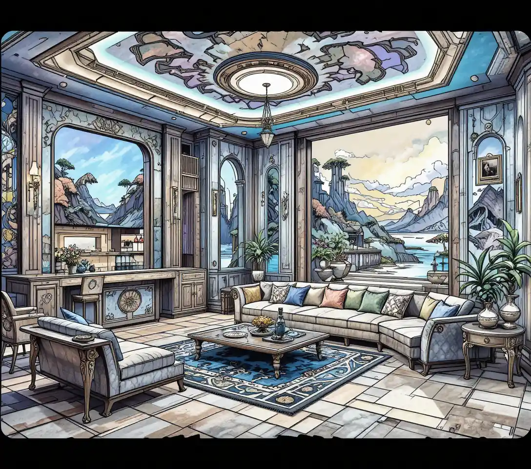 Isometric two-story miniature interior designed as a coloring book page