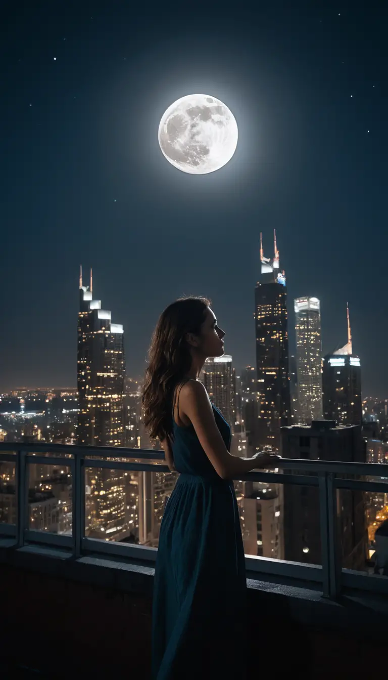 Une jeune femme enlace une lune lumineuse au-dessus des toits de la ville