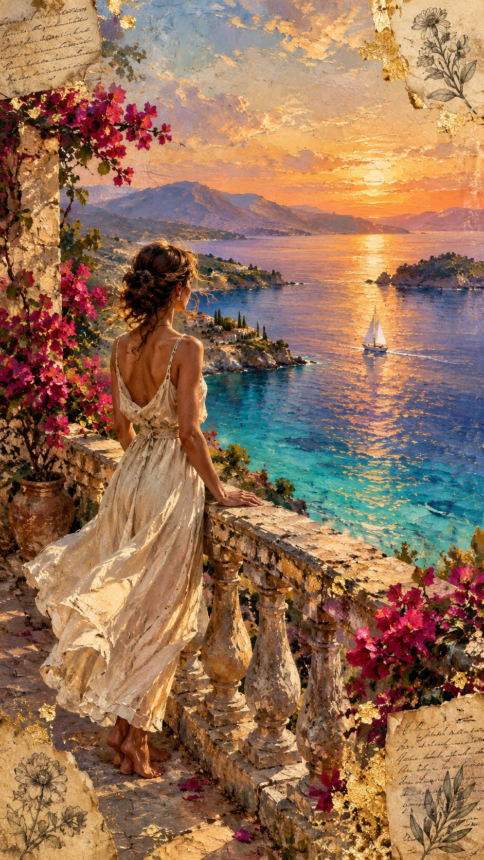 A Woman Stands Above a Mediterranean Bay as a Sailboat Passes