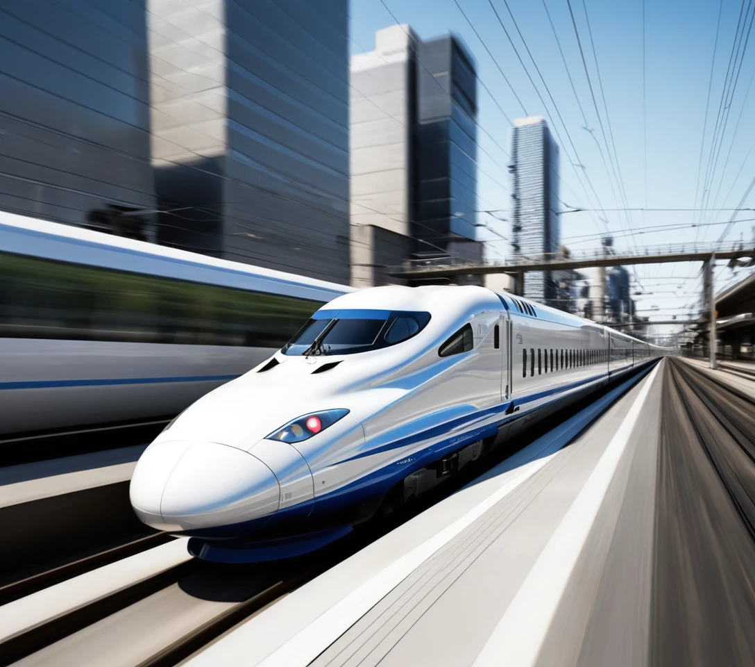 Japanese bullet train races through a modern city