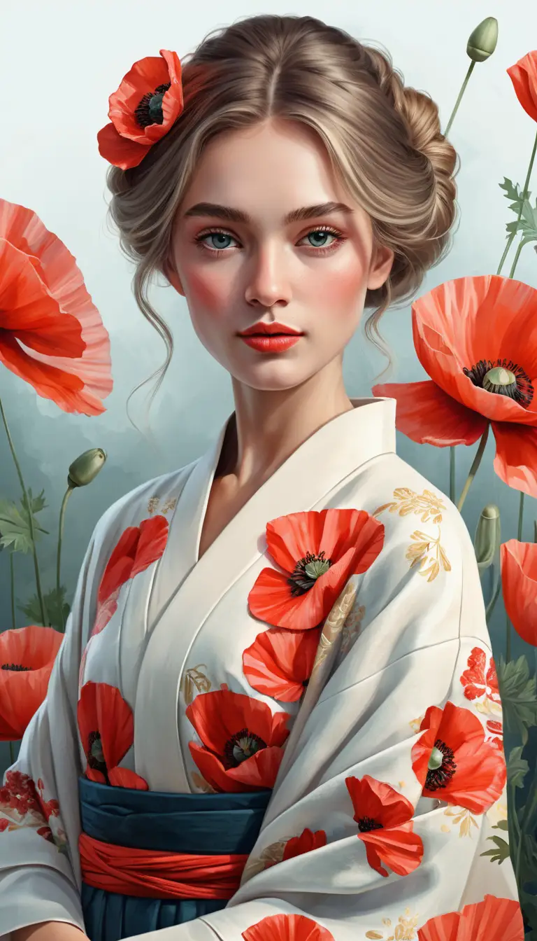 A poppy flower reimagined as a young woman wearing a kimono