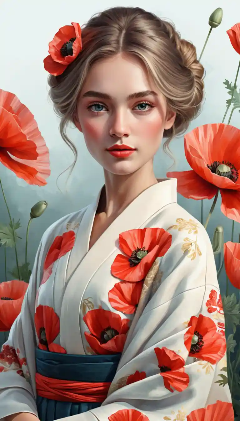 A poppy flower reimagined as a young woman wearing a kimono