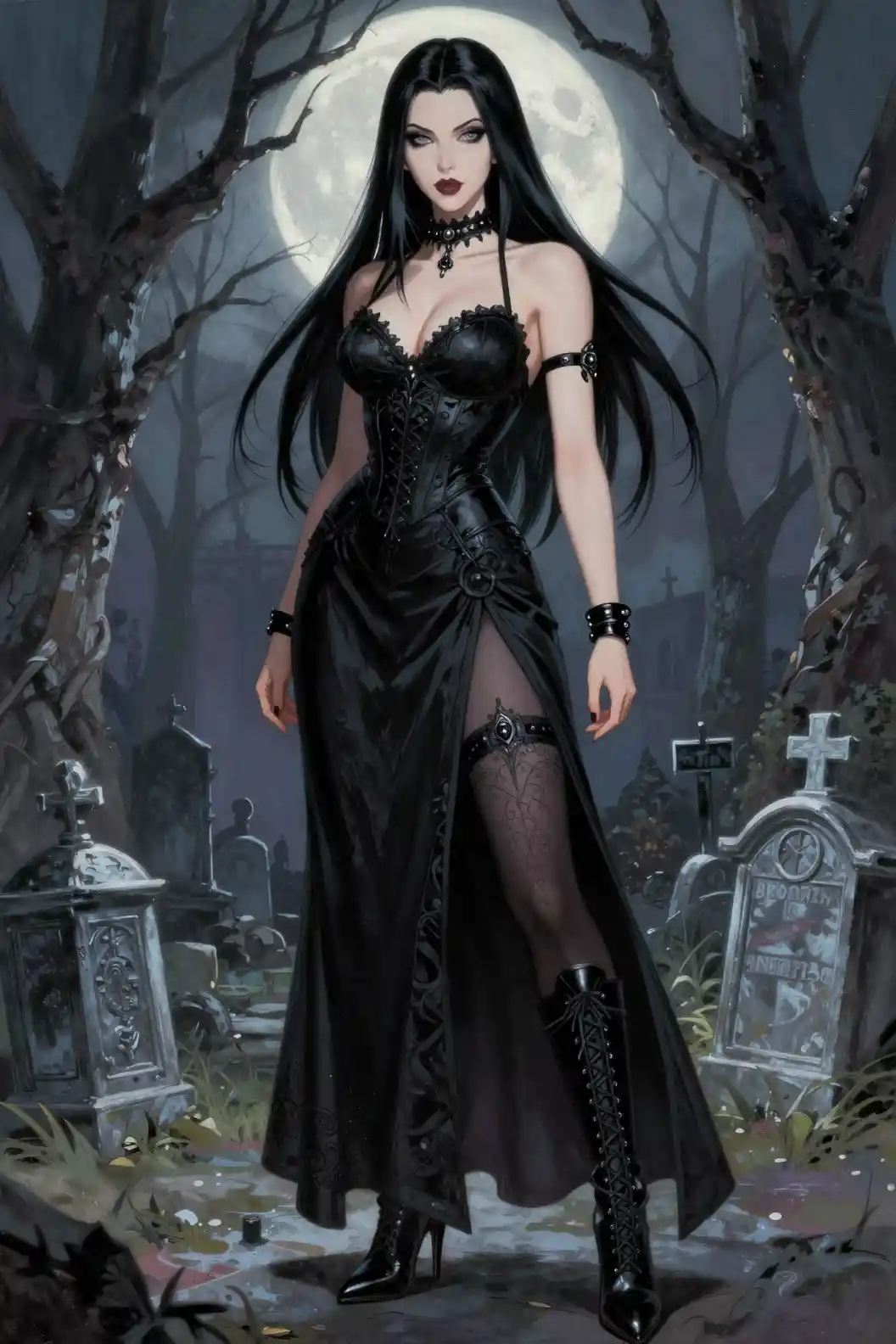 A vampire woman poses beneath moonlit trees in a gothic cemetery