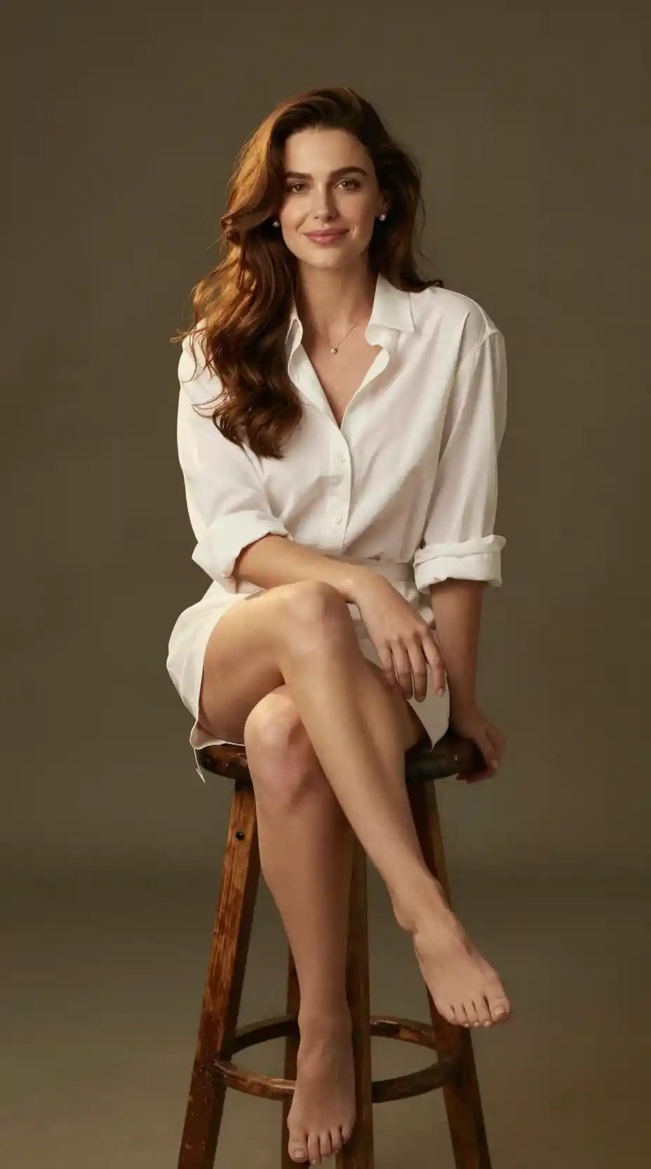A Seated Woman in a White Shirt Dress Against an Olive Studio Backdrop