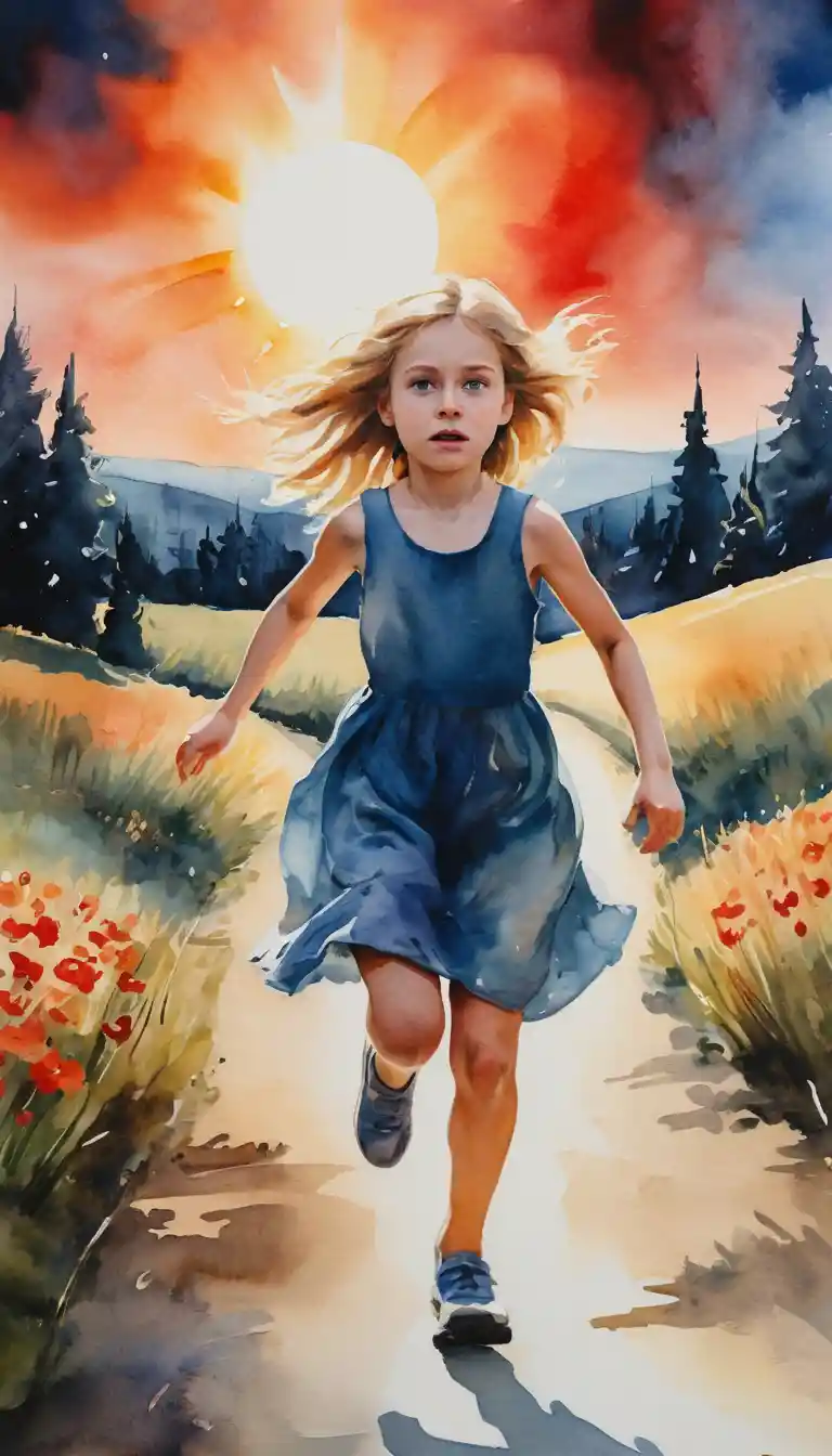 A young girl runs toward the sun as her skin turns red