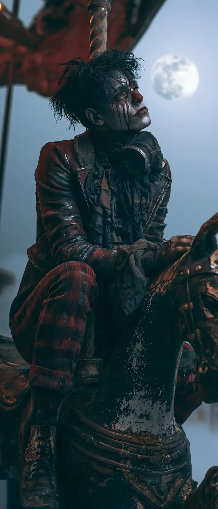 A melancholic clown sits on a decaying carousel horse in an abandoned amusement park