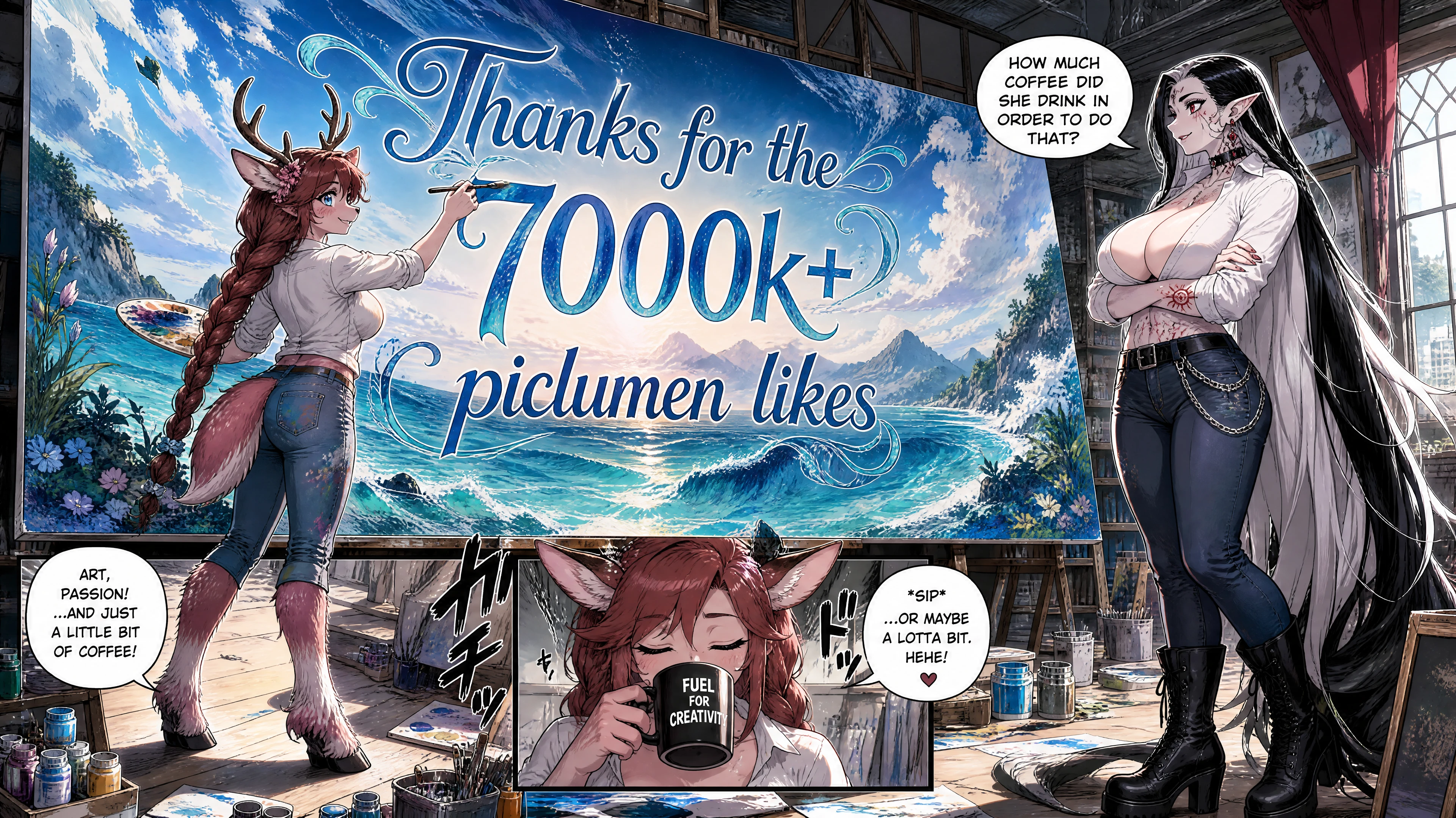 Anthropomorphic deer artist paints a thank you message on a vast canvas
