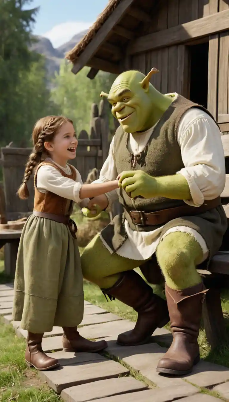 A Green Ogre Repairs a Wooden Bench Outside His Swamp Hut