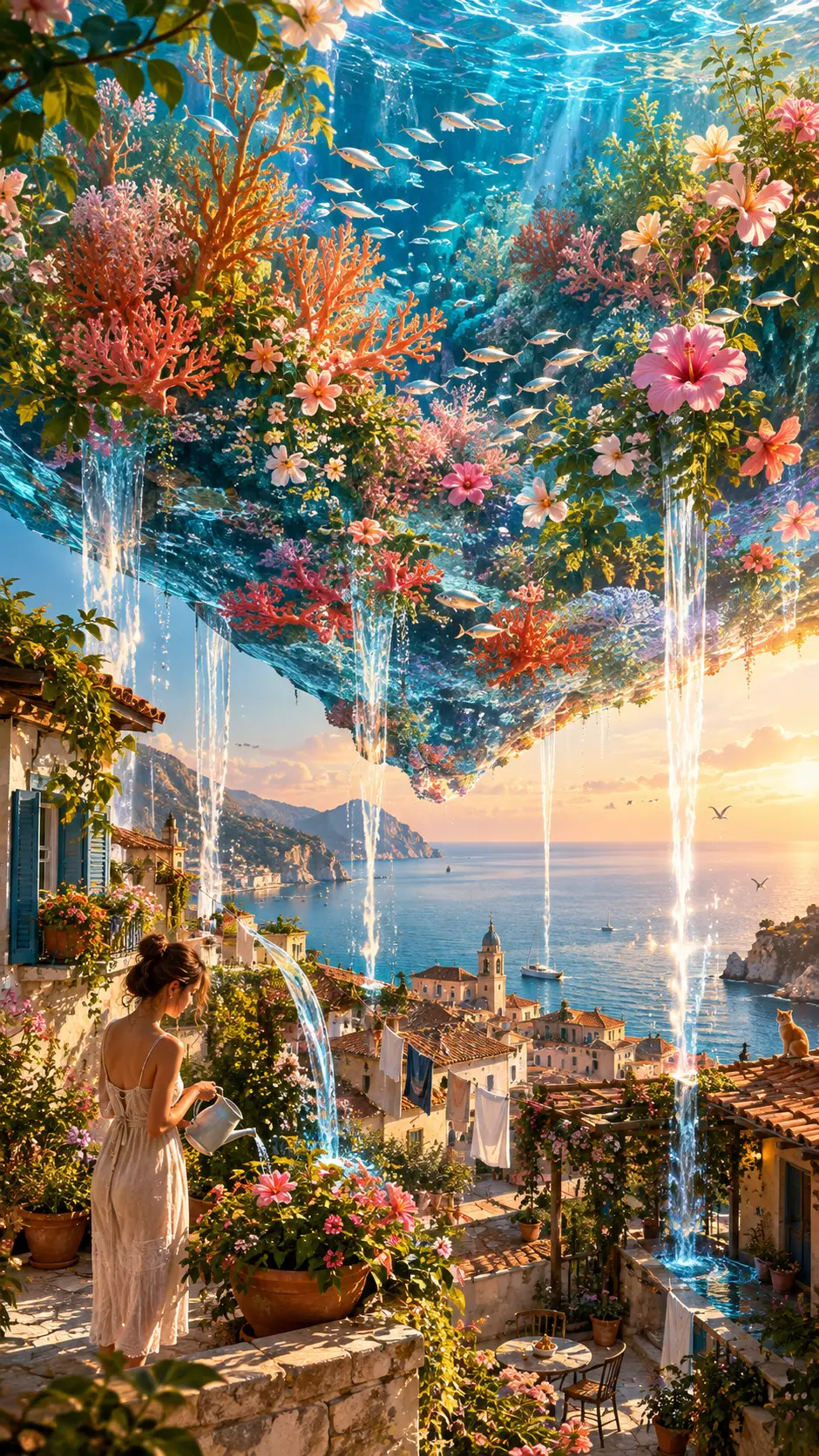 A floating ocean garden suspended above a sunlit coastal landscape