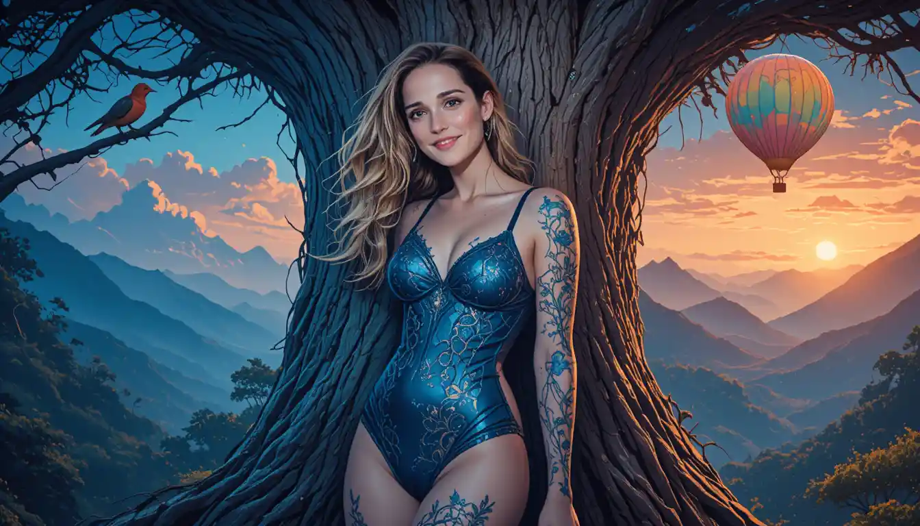 A fantasy woman stands beside a massive gnarled tree