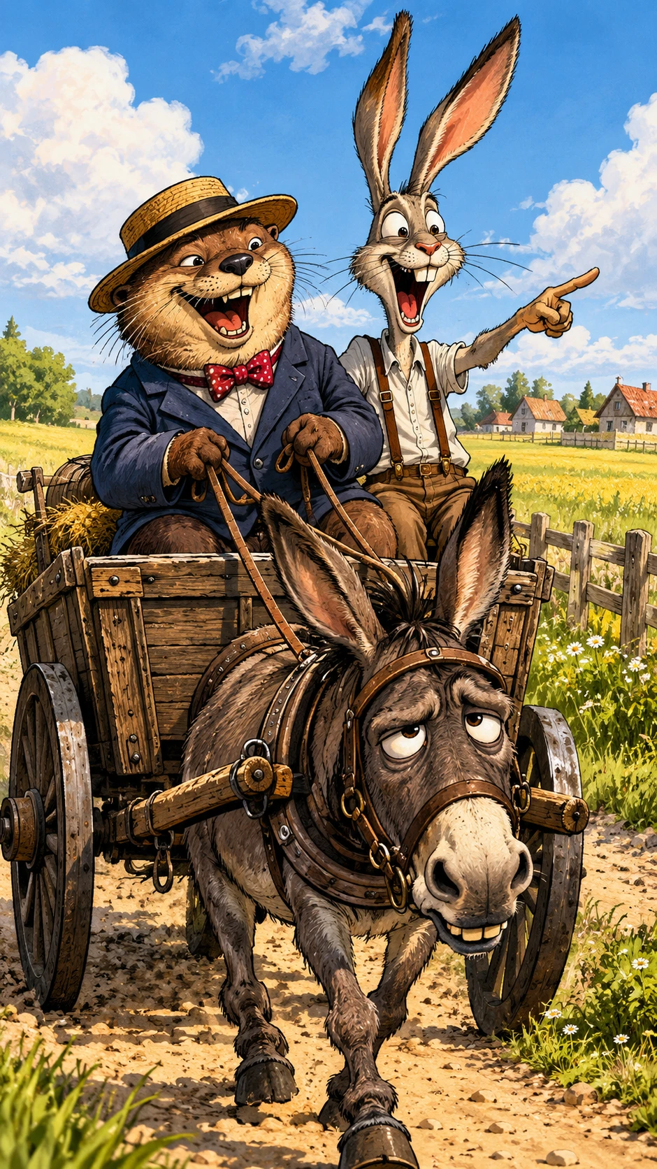 An Otter and Rabbit Ride a Donkey-Pulled Wagon Along a Country Road