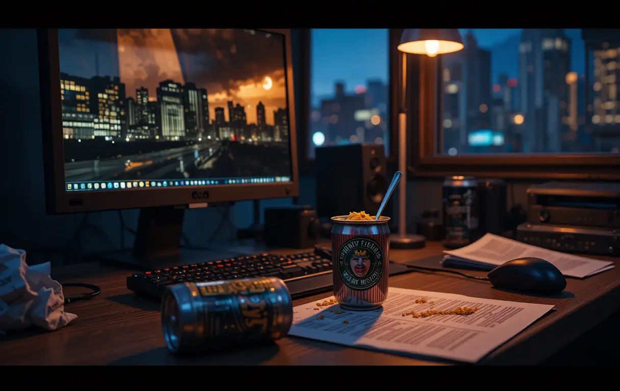 Ein Schreibtisch spät in der Nacht, beleuchtet von einem Monitor, der die Lichter der Stadt spiegelt