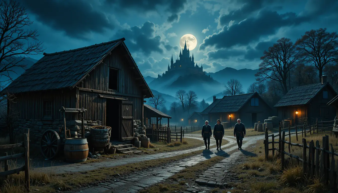 Weathered barn under a full moon in a haunting rural landscape