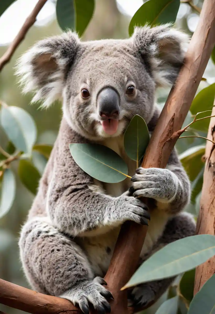 An Adorable Koala Sitting On A Eucalyptus Branch, Eating Fresh Green Leaves