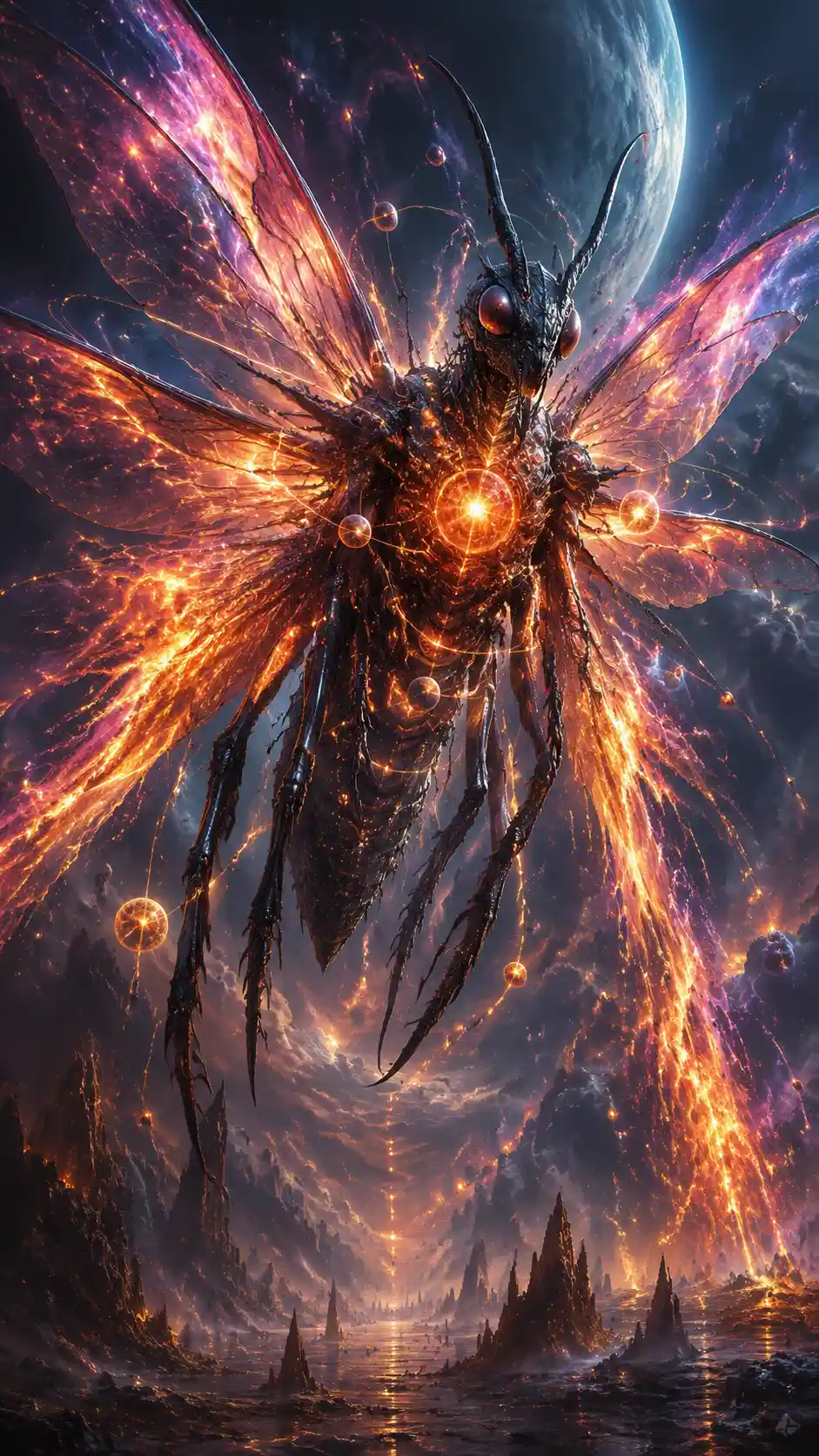 A towering alien insect with plasma wings and orbiting miniature suns