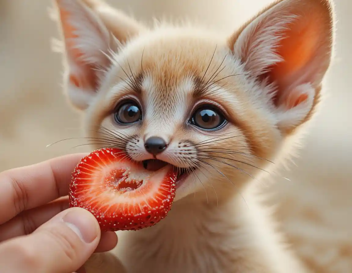 A fennec fox kit nibbles strawberry from a human finger