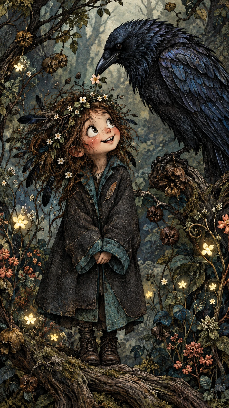 A Woodland Child Receives a Flower Crown from a Raven