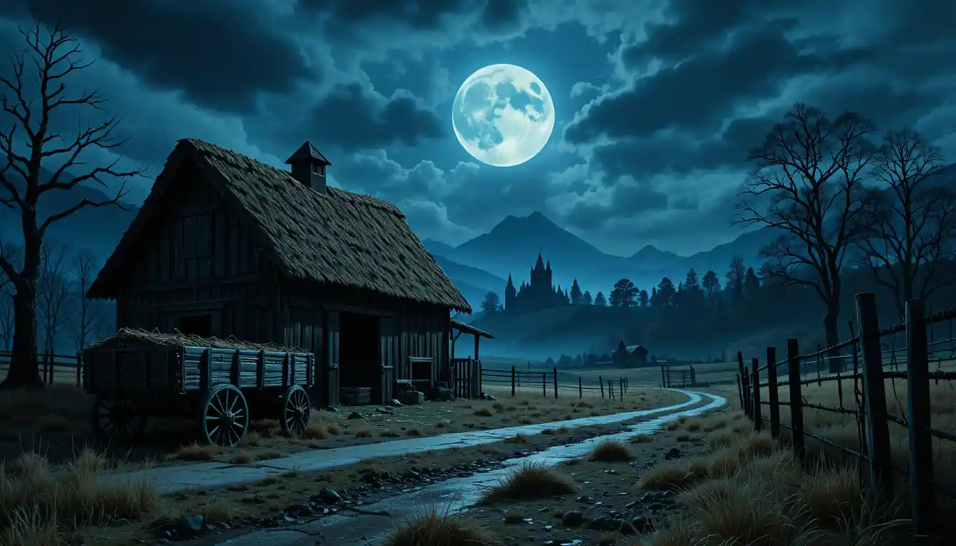 A weathered barn stands beneath a luminous full moon