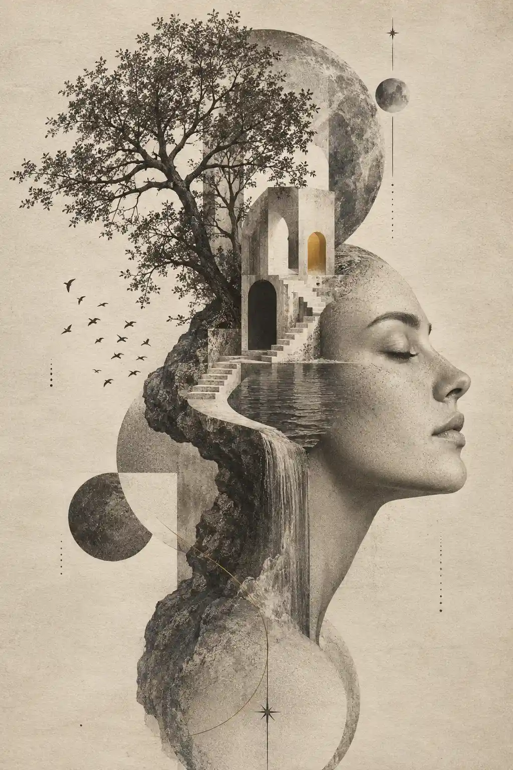 Impossible architectural forms merge organic and geometric elements in surreal fine art