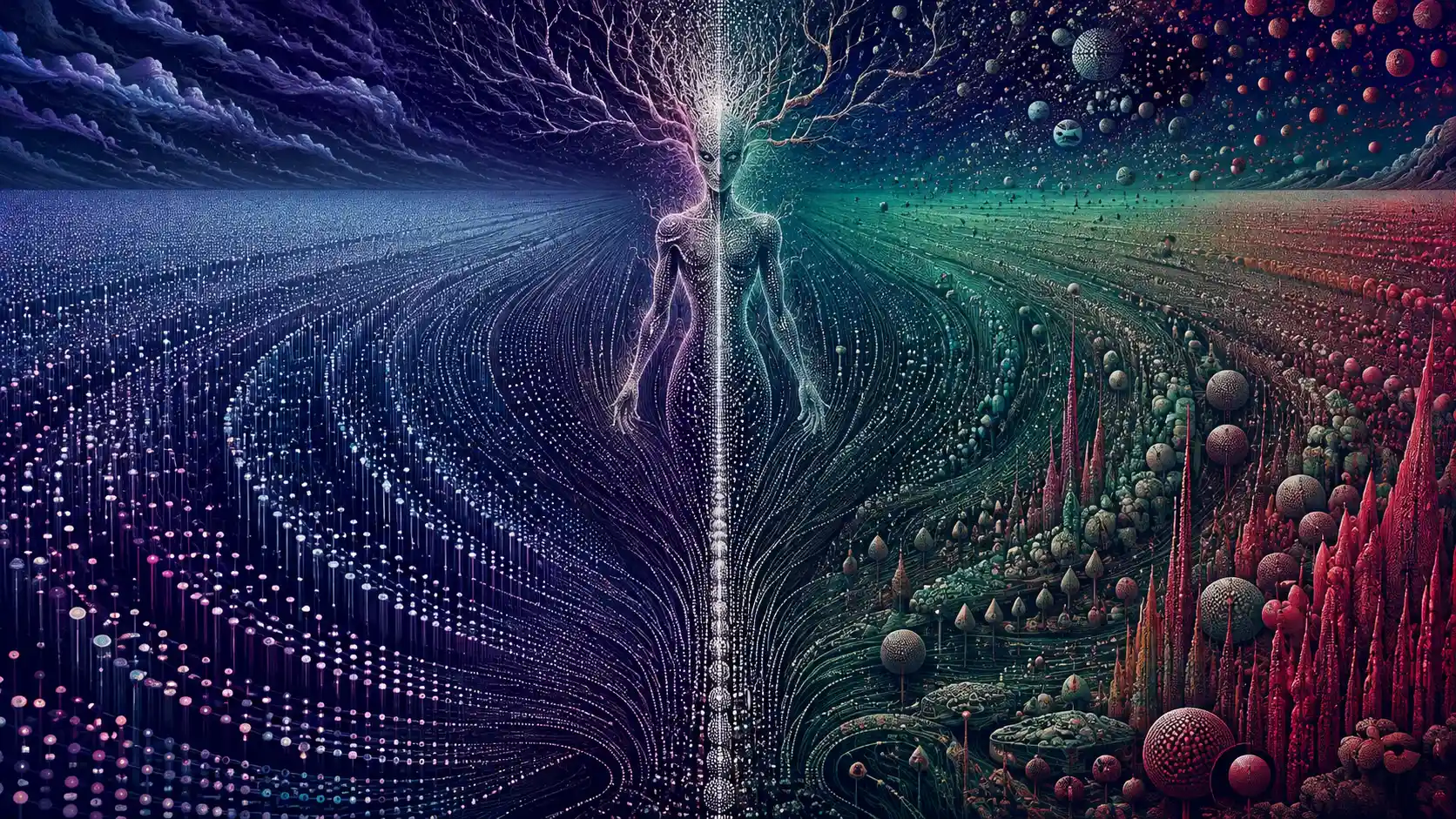 A surreal creature divides a vast landscape of luminous forms