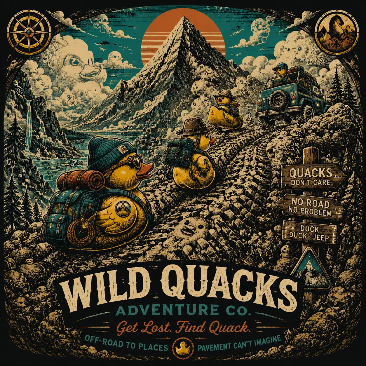 Rubber Ducks in Expedition Gear Climb Tire Tread Mountain Trails