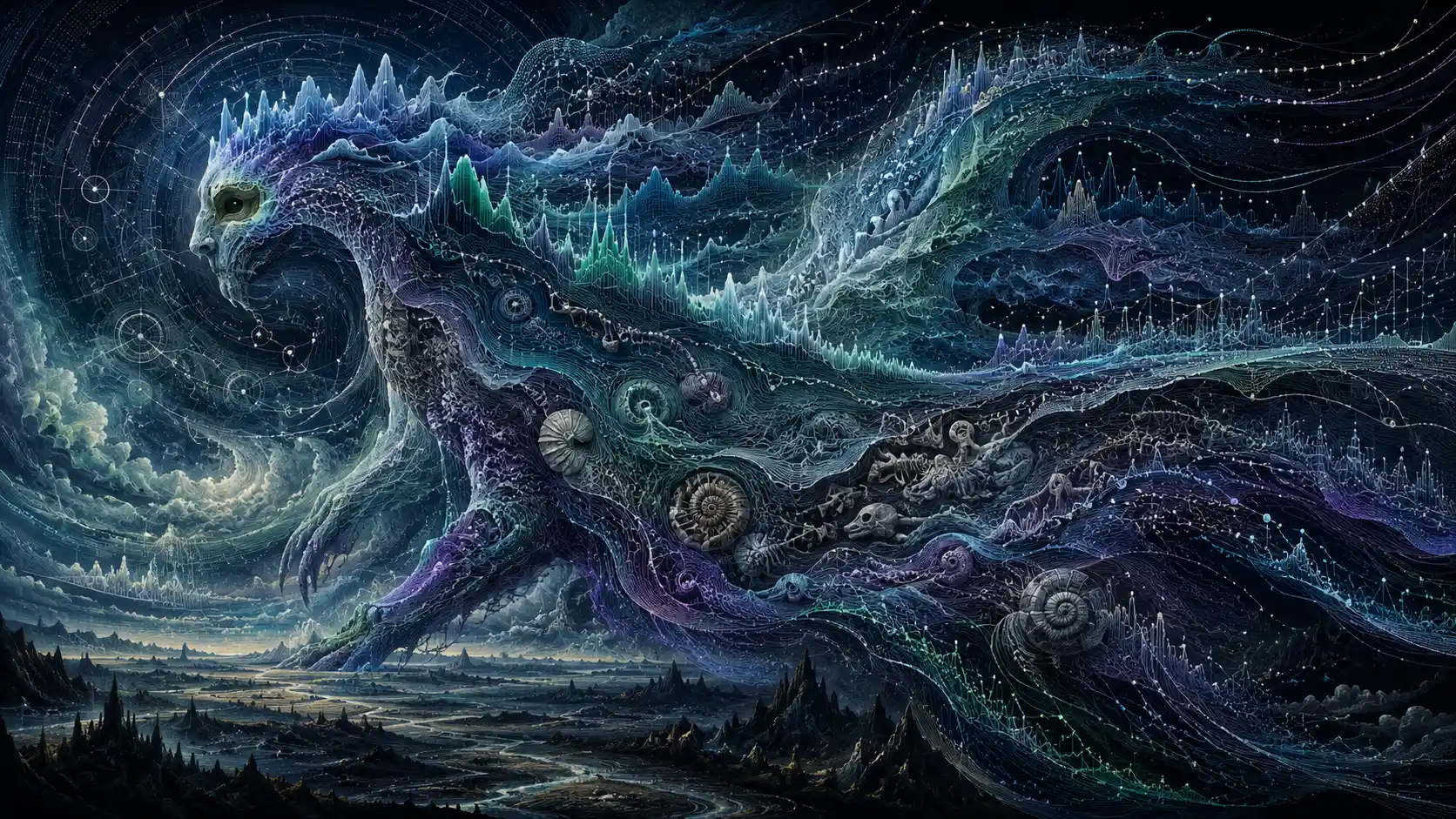 A surreal timeline creature unfolds across a star lit landscape