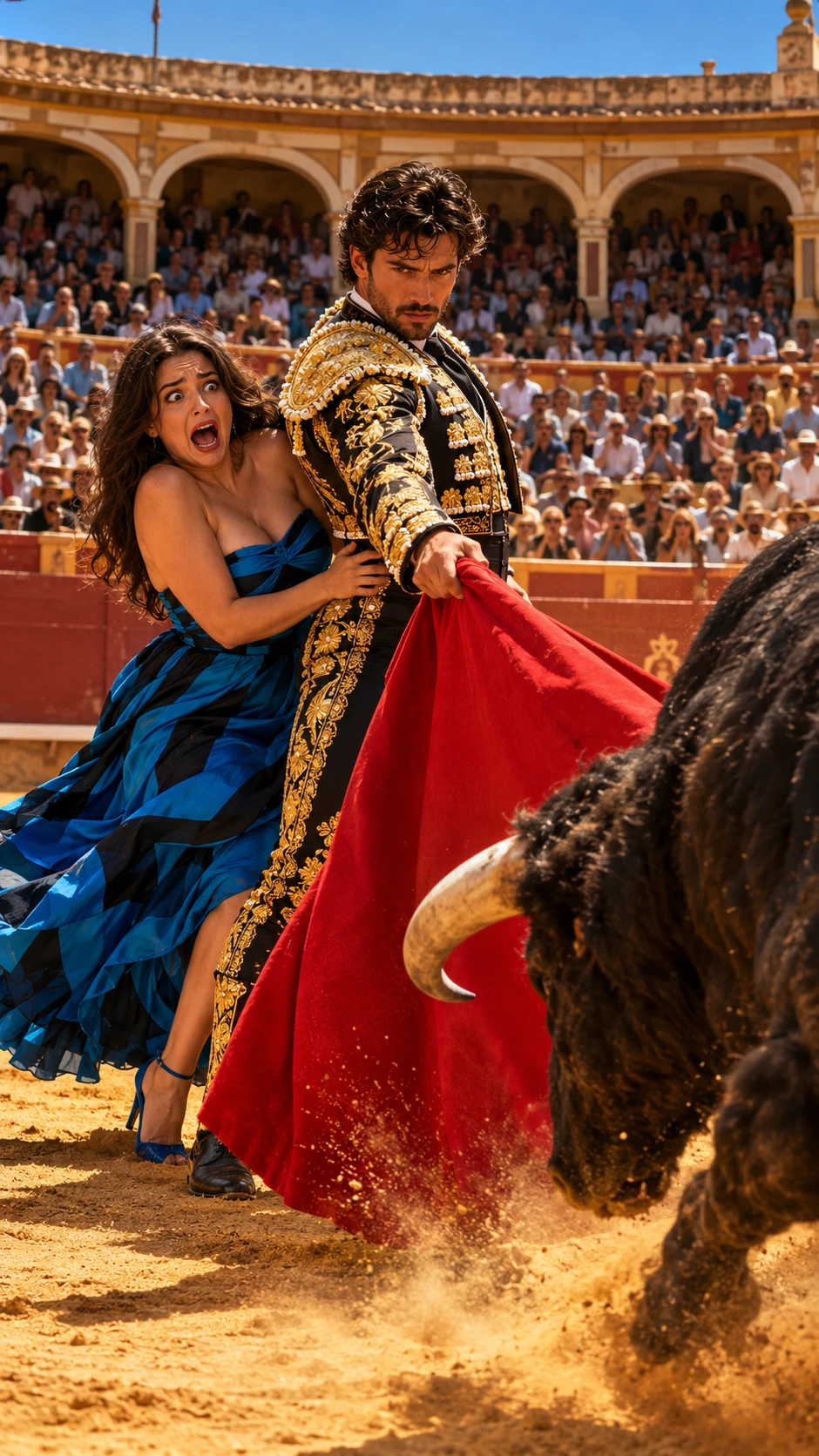 A terrified woman clings to a matador as a bull charges