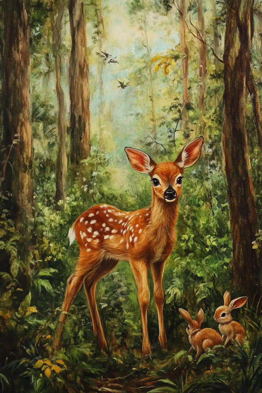 A reddish-brown fawn roams beneath tall trees in a green forest