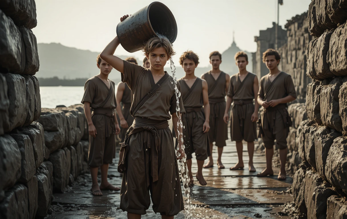 Young boys pour water from a leather bucket beside a stone wall