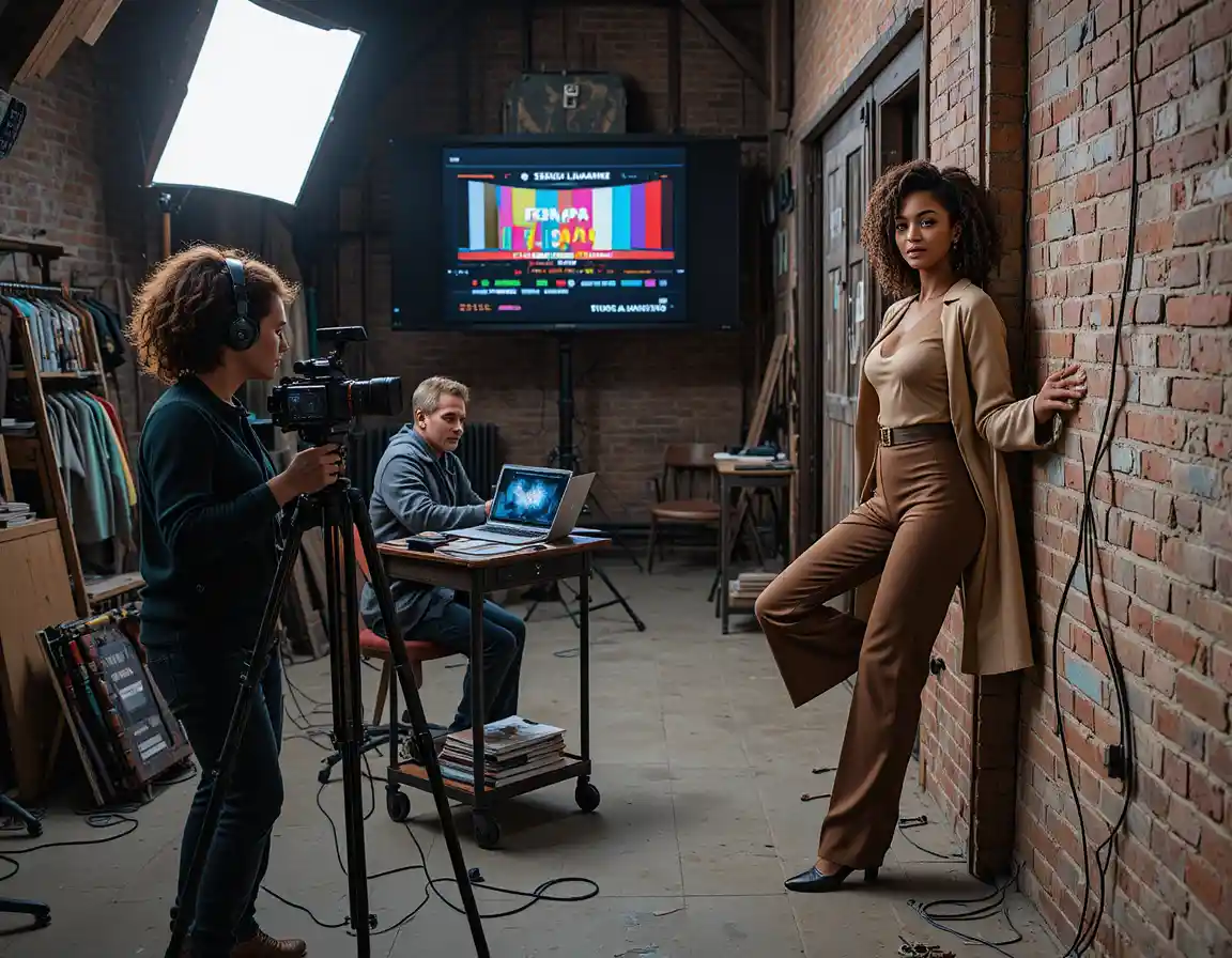 A photographer directs a model during a busy studio production