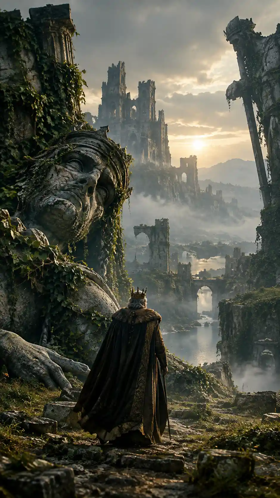 An ancient king enters a ruined kingdom of broken, vine-covered statues