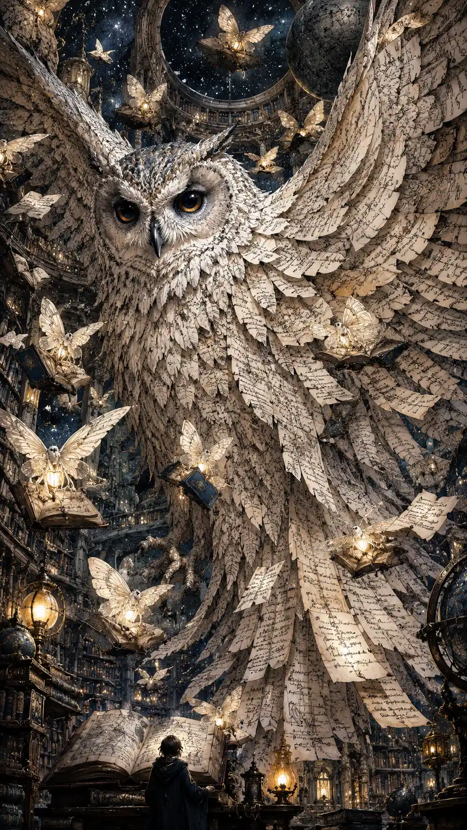 An enormous owl with feathers unfolding into handwritten pages