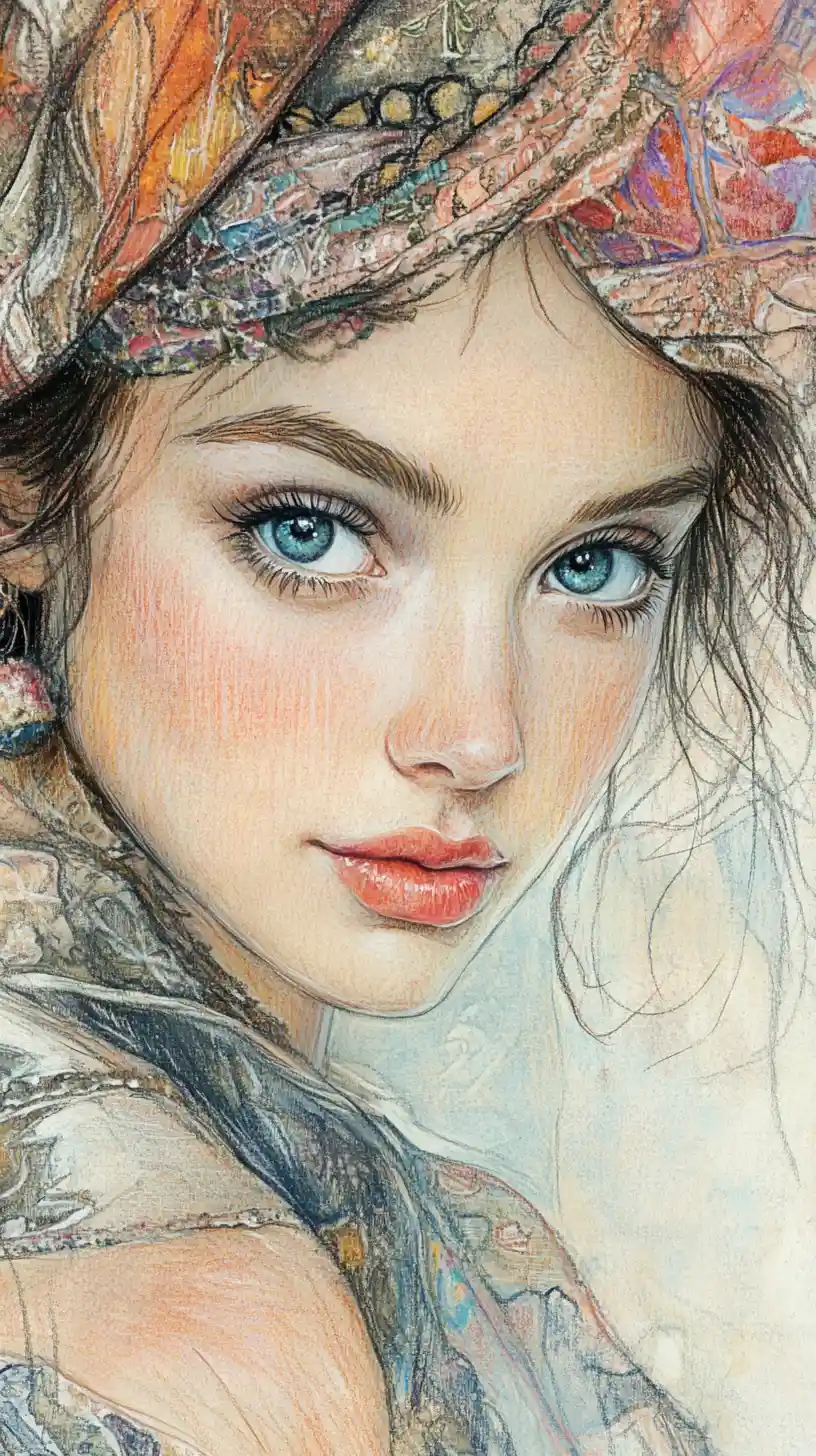 A whimsical portrait of a young woman in intricate fantasy attire
